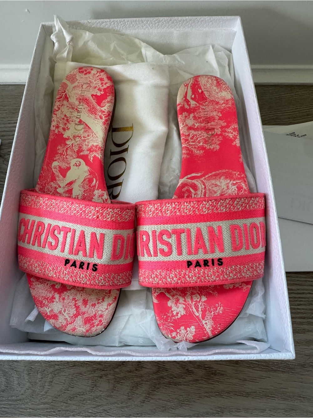 Dior Dway Coral Pink Toile Slide Sandals with Logo Strap